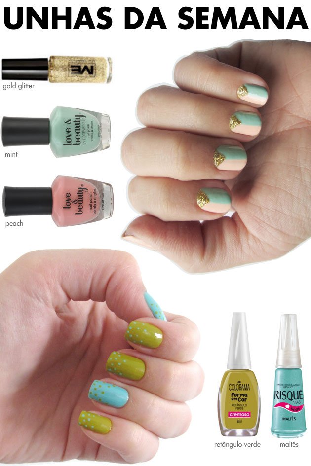 unhas-de-segunda-unhas-diferentes-e-nail-art-poas-verde-azul-maltes-retangulo-verde-colorama-risque-gold-glitter-me-pint-mint-forever-21-esmalte-triangulo-