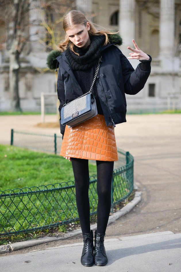 PARIS, FRANCE - JANUARY 26: Model Alexandra Elizabeth Ljadov poses wearing a Miu Miu skirt and a Chanel bag after the Chanel show at the Grand Palais during Haute Couture on January 26, 2016 in Paris, France. (Photo by Vanni Bassetti/Getty Images)