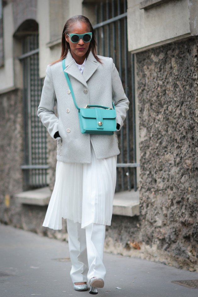 PARIS, FRANCE - MARCH 06:  Michelle Elie is wearing a Prim by Michelle Elie bag, before the John Galliano show, during Paris Fashion Week, Womenswear Fall Winter 2016/2017, on March 6, 2016 in Paris, France.  (Photo by Edward Berthelot/Getty Images)