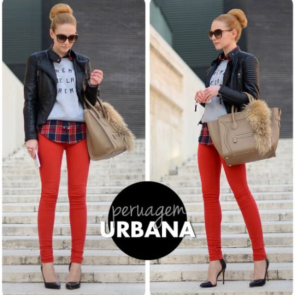 look-do-dia-henar-vicente-moletom-calca-colorida-camisa-xadrez-jaqueta-de-couro-celine-luggage-scarpin-coque-bailarina