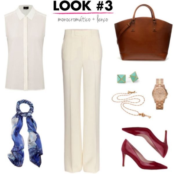 look-para-trabalhar-producao-trabalho-roupa-monocromatico-calca-branca-camisa-sem-manga-lenco-estampado-bolsa-sapato-vinho-relogio-branco-total