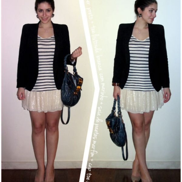 look-restaurante-sexta-gabi-saia-paetes-camiseta-listrada-blazer-preto-cap-toe-nude-bolsa-miumiu-azul-petroleo-coque-brinco-relogio-marrom-brinco-azul-