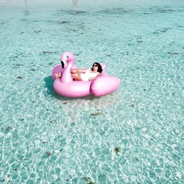 woman-lying-on-pink-flamingo-bouy-on-body-of-water-1267051